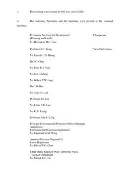 1. the Meeting Was Resumed at 9:00 A.M. on 6.8.2018. 2. the Following Members and the Secretary Were Present in the Resumed Meet