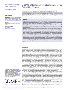 A COVID-19 Lockdown Tabletop Exercise in New Taipei City, Taiwan I-Tien Lo1,2 , Ching-Yuan Lin Phd1 and Ming-Tai Cheng MD, MPH3,4