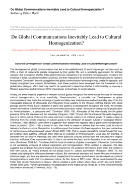 Do Global Communications Inevitably Lead to Cultural Homogenization? Written by Callum Martin