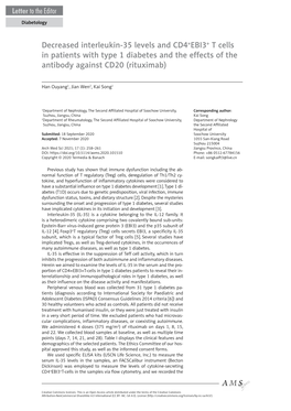 Decreased Interleukin-35 Levels and CD4+EBI3+ T Cells in Patients with Type 1 Diabetes and the Effects of the Antibody Against CD20 (Rituximab)