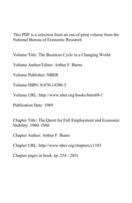 The Quest for Full Employment and Economic Stability; 1960-1966