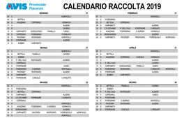 Calendario Raccolta 2019 Gennaio 21 Febbraio 21 04 V Monticelli 01 V Monticelli 05 S Bettola 02 S Podenzano 06 D Agazzano Cortemag