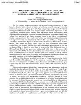 Late-Quaternary Diluvial Floodstreams in the Mountains of Altai and Tuva (Paleoglaciological Base, Geological Effect, Level of Problem Study)