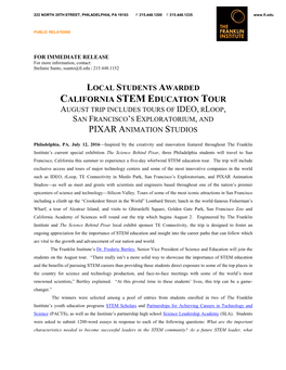 California Stem Education Tour August Trip Includes Tours of Ideo, Rloop, San Francisco’S Exploratorium, and Pixar Animation Studios