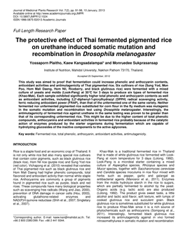 The Protective Effect of Thai Fermented Pigmented Rice on Urethane Induced Somatic Mutation and Recombination in Drosophila Melanogaster