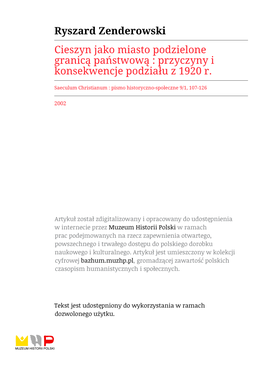 Cieszyn Jako Miasto Podzielone Granicą Państwową : Przyczyny I Konsekwencje Podziału Z 1920 R