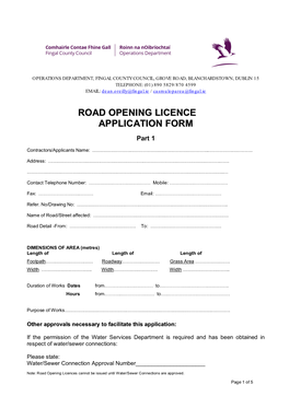 Road Opening Licence Application Form