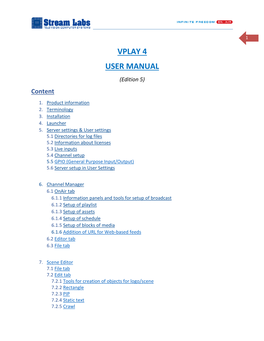 VPLAY 4 USER MANUAL (Edition 5) Content