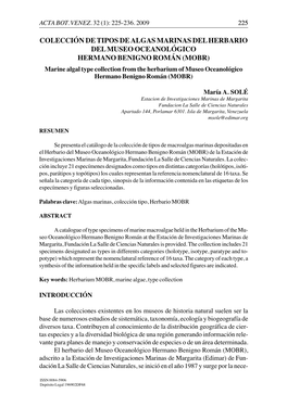 Colección De Tipos De Algas Marinas Del Herbario Del Museo Oceanológico Hermano Benigno Román (Mobr)