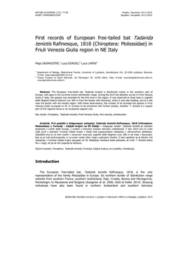 First Records of European Free-Tailed Bat Tadarida Teniotis Rafinesque, 1818 (Chiroptera: Molossidae) in Friuli Venezia Giulia Region in NE Italy