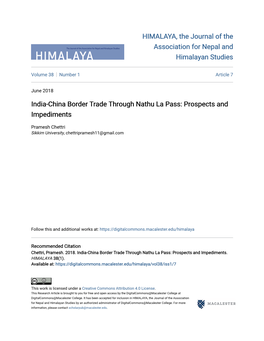 India-China Border Trade Through Nathu La Pass: Prospects and Impediments
