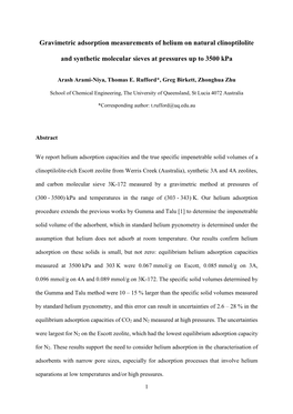 Gravimetric Adsorption Measurements of Helium on Natural Clinoptilolite and Synthetic Molecular Sieves at Pressures up to 3500 K