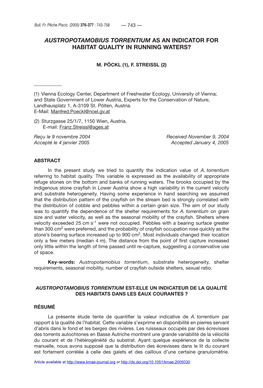 Austropotamobius Torrentium As an Indicator for Habitat Quality in Running Waters?