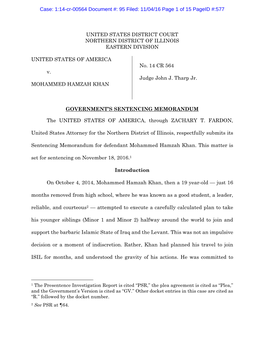 UNITED STATES DISTRICT COURT NORTHERN DISTRICT of ILLINOIS EASTERN DIVISION UNITED STATES of AMERICA V. MOHAMMED HAMZAH KHAN