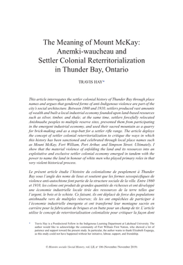 The Meaning of Mount Mckay: Anemki-Waucheau and Settler Colonial Reterritorialization in Thunder Bay, Ontario