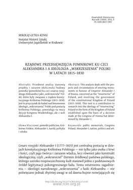 696 Mikołaj Getka-Kenig Badaniach Nad Tym Okresem, Wprawdzie Krótkim, Ale Dość Ważnym Z Per- Spektywy Całej Historii Ziem Polskich XIX W