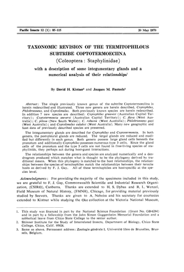 TAXONOMIC REVISION of the TERMITOPHILOUS SUBTRIBE COPTOTERMOECIINA (Coleoptera : Staphylinidae)