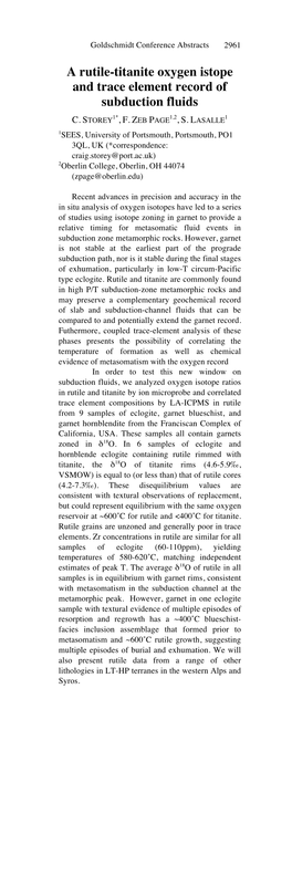 A Rutile-Titanite Oxygen Istope and Trace Element Record of Subduction Fluids C