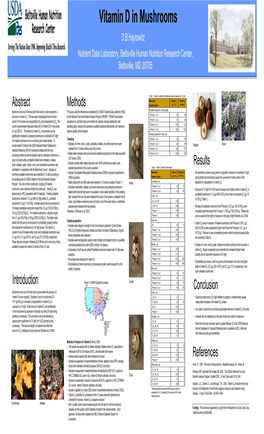 Vitamin D in Mushrooms D.B.Haytowitz Nutrient Data Laboratory, Beltsville Human Nutrition Research Center, Beltsville, MD 20705