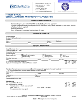 Fitness Studio General Liability and Property Application