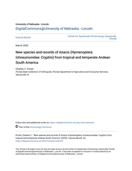 New Species and Records of Anacis (Hymenoptera: Ichneumonidae: Cryptini) from Tropical and Temperate Andean South America