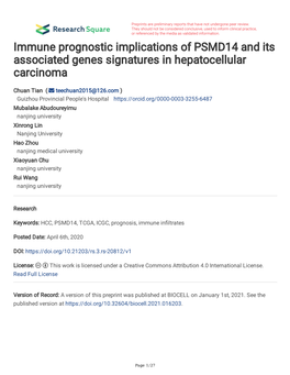 Immune Prognostic Implications of PSMD14 and Its Associated Genes Signatures in Hepatocellular Carcinoma