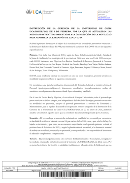 Instrucción De La Gerencia De La Universidad De Cadiz Uca/I06ger/2021, De 5 De Febrero, Por La Que Se Actualizan Las Medidas Pr