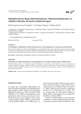 Kyliniella Latvica Skuja (Stylonemataceae, Stylonematophyceae), Un Rodó ﬁto Indicador De Buena Calidad Del Agua