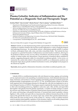 Plasma Gelsolin: Indicator of Inﬂammation and Its Potential As a Diagnostic Tool and Therapeutic Target