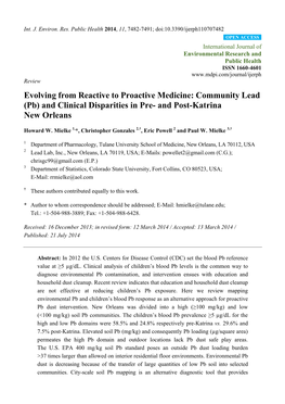 Pb) and Clinical Disparities in Pre- and Post-Katrina New Orleans