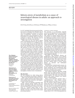 Inborn Errors of Metabolism As a Cause of Neurological Disease in Adults: an Approach to Investigation