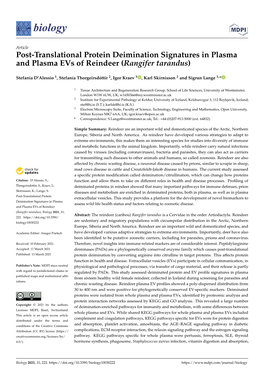 Post-Translational Protein Deimination Signatures in Plasma and Plasma Evs of Reindeer (Rangifer Tarandus)