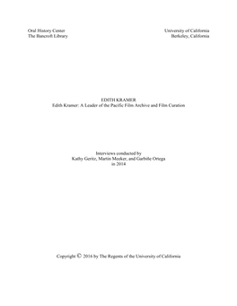 EDITH KRAMER Edith Kramer: a Leader of the Pacific Film Archive and Film Curation