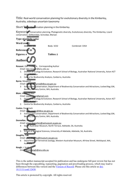 World Conservation Planning for Evolutionary Diversity in the Kimberley, Australia, Sidesteps Uncertain Taxonomy