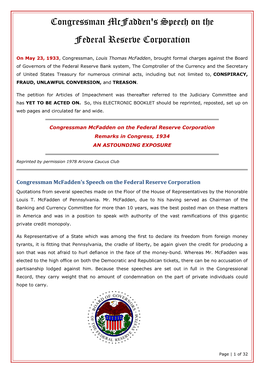 Congressman Mcfadden's Speech on the Federal Reserve Corporation