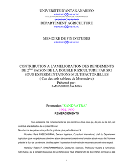 CONTRIBUTION a L'amelioration DES RENDEMENTS DE 2Ème SAISON DE LA DOUBLE RIZICULTURE PAR