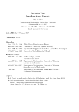 Jonathan Adam Sherratt July 29, 2019 Department of Mathematics, Heriot-Watt University Edinburgh EH14 4AS, UK