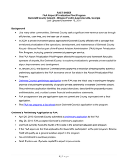 FACT SHEET FAA Airport Privatization Pilot Program Gwinnett County Airport – Briscoe Field in Lawrenceville, Georgia Last Updated December 15, 2011