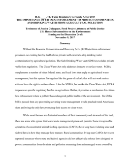 The Farm Regulatory Certainty Act of 2017 the IMPORTANCE of CITIZEN ENFORCEMENT to PROTECT COMMUNITIES and DRINKING WATER from AGRICULTURAL POLLUTION