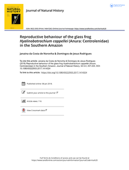 Reproductive Behaviour of the Glass Frog Hyalinobatrachium Cappellei (Anura: Centrolenidae) in the Southern Amazon