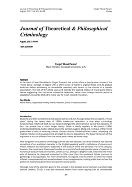 Moral Panics” August, 2017, Vol 9(2): 84-98 Horsley ______Journal of Theoretical & Philosophical Criminology