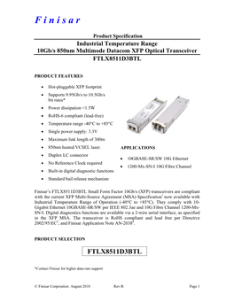 Finisar 10GBASE-SR/SW XFP FTLX8511D3BTL 300M Industrial