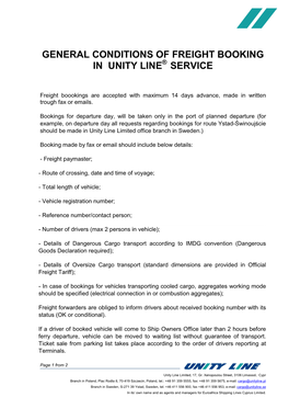 General Conditions of Freight Booking in Unity Line Service