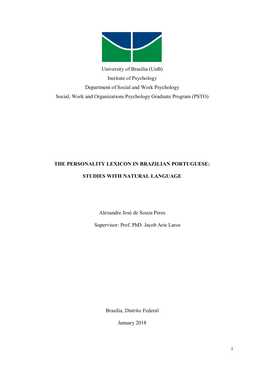 I University of Brasília (Unb) Institute of Psychology Department of Social