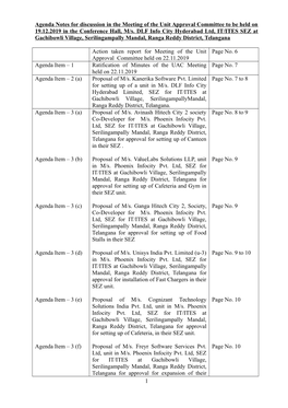 Agenda Notes for Discussion in the Meeting of the Unit Approval Committee to Be Held on 19.12.2019 in the Conference Hall, M/S