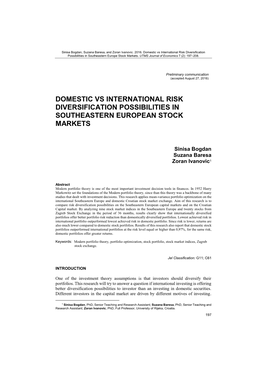 Domestic Vs International Risk Diversification Possibilities in Southeastern Europe Stock Markets