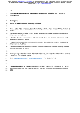 Comparative Assessment of Methods for Determining Adiposity and a Model for Obesity Index