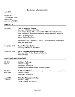 Curriculum Vitae [ABRIDGED] June 2021