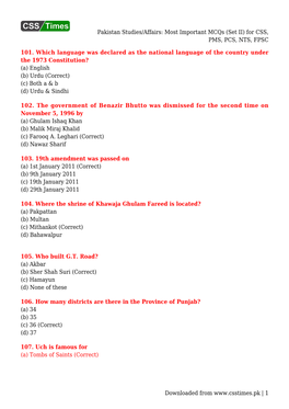 Pakistan Studies/Affairs: Most Important Mcqs (Set II) for CSS, PMS, PCS, NTS, FPSC