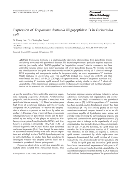 Expression of Treponema Denticola Oligopeptidase B in Escherichia Coli